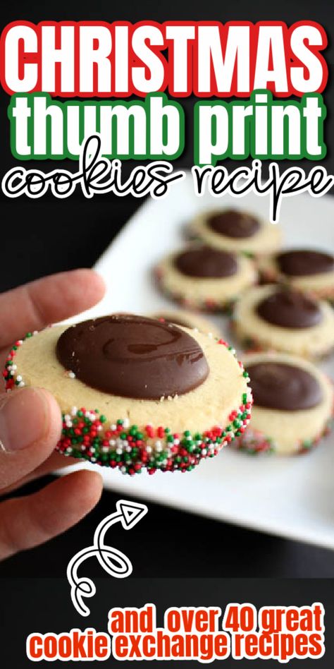 How to make Christmas thumb print cookies and tons of creative and classic cookie exchange recipes. Fudge Thumbprint Cookies, Thump Print Cookies Easy, Thumb Print Cookies Recipes, Best Thumbprint Cookie Recipe, Press Cookie Recipe, Easy Thumb Print Cookies Recipes, Thumb Print Cookies Recipes Christmas, Christmas Drop Cookies, Thumb Cookies