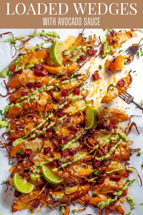 Loaded wedges with lime slices on a white background. Loaded Wedges, Loaded Potato Wedges, Crispy Fried Onions, Paprika Potatoes, Bacon Avocado, Avocado Sauce, Easy Pasta Dishes, Chorizo Sausage, Loaded Potato