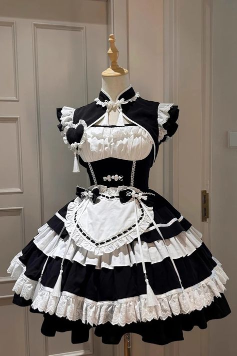 Process Time: Could be shipped out in 30-40 days. Fabric: Polyester Color: Black/White Feature: Multi-Layered, Ruffle Style: Sweet, Chinese Style Include: Dres Half And Half Dress, Cute Maid Dress, Puffy Clothes, White Cheongsam, Puffy Skirt, Jumper Skirt, Maid Outfit, Ruffles Fashion, Maid Dress