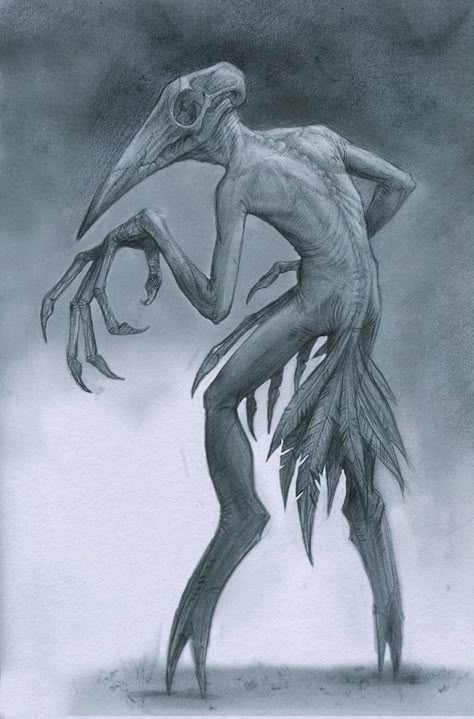 The ultimate in nightmare fuel art: Anastasios Gionis - Album on Imgur Humanoid Bird Monster, Bird Man Art, Scary Bird Drawing, Bird Monster Art, Mavros Thanatos, Crow Monster, Demon Character Art, Fear Of Birds, Scary Monster Art