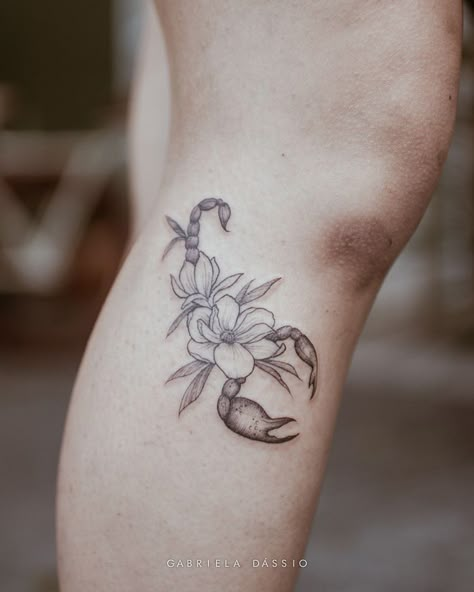 Floral Scorpio Tattoo, Fine Line Scorpion Tattoo, Scorpio Sign Tattoos, Scorpio Zodiac Tattoos, Horoscope Tattoos, Tattoo Time, Scorpio Tattoo, Hip Tattoos Women, Scorpion Tattoo