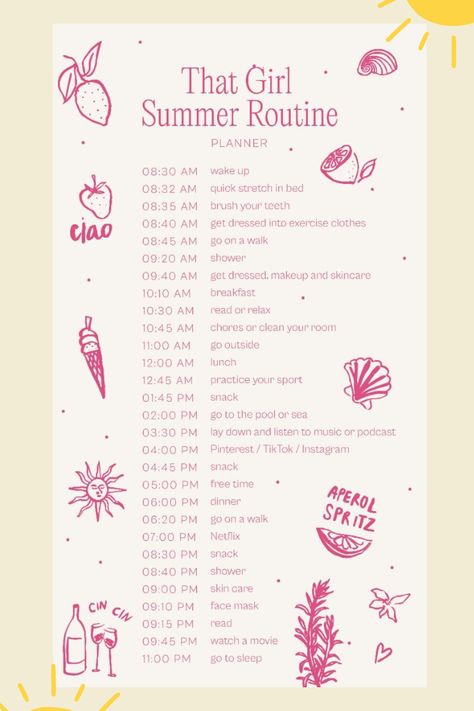 Discover the ultimate 'That Girl' summer routine! ☀️✨ From glowing skincare tips to chic outfit ideas and self-care rituals, this guide helps you embody effortless summer vibes. Perfect for setting a fresh, vibrant tone for your days. 🌿👗💧 #ThatGirlSummer #SummerRoutine #SkincareTips #ChicOutfits #SelfCare #SummerVibes #LifestyleTips #BeautyRoutine #PinterestFinds Summer Self Care Aesthetic, It Girl Summer Routine, That Girl Summer Routine, Healthy Summer Routine, How To Glow Up For Summer, Daily Routine Schedule Glow Up Summer, Glow Up For Summer, Hoț Girl Summer Checklist, Summer Daily Routine For Teens