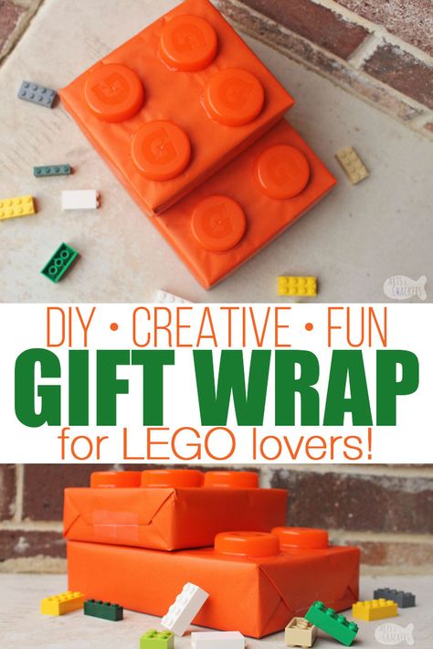 Surprise a LEGO lover with this creative gift wrapping idea and gift ideas for LEGO lovers | LEGO fan | LEGO brick | LEGO wrapping paper | LEGO gift wrap | unique gift wrap | birthday gift wrap | how to wrap gifts | wrapping presents | LEGO birthday | LEGO cards | LEGO gift bag | LEGO gift ideas | Personalized Minifigures | birthdays for boys #lego #wrappinggifts #birthdaysforkids Diy Lego Gifts For Adults, Lego Themed Gift Basket, Lego Wrapping Paper, Unique Gift Bag Ideas, Cool Wrapping Ideas Birthday, Themed Gift Wrapping Ideas, Lego Gift Wrapping Ideas, Legoland Gift Ideas, Wrapping Paper Ideas Creative