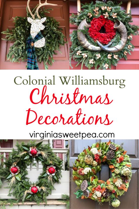 Colonial Williamsburg Christmas Decorations - See Colonial Williamsburg decorations including wreaths and doors. #christmaswreath #christmasdoor #colonialwilliamsburg #williamsburgdecor #virginiasweetpea Colonial Williamsburg Christmas Wreaths, Williamsburg Christmas Wreath, Williamsburg Christmas Decorations, Colonial Christmas Decorating, Colonial Williamsburg Decor, Colonial Williamsburg Christmas, Williamsburg Christmas, Mantle Ideas, Village Christmas