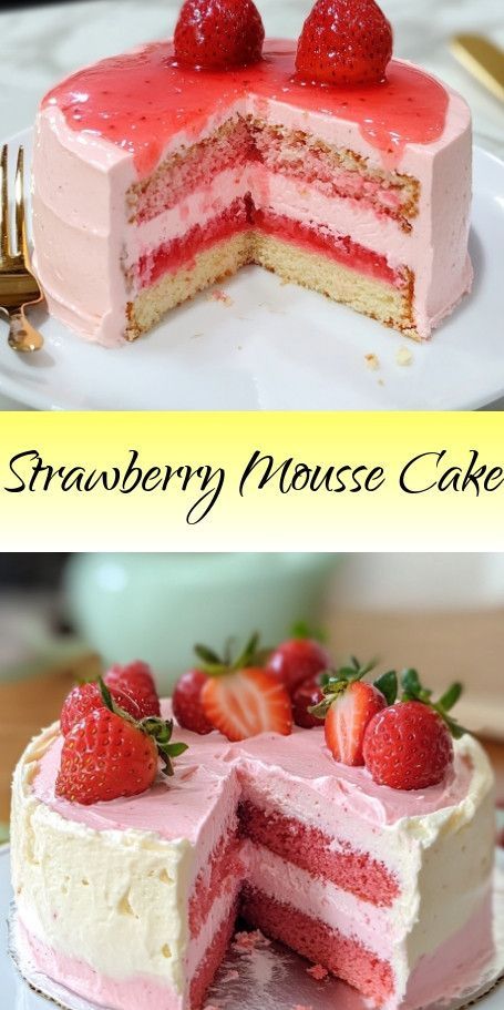 Strawberry Mousse Cake with a Twist - A Sweet and Tangy Delight! Pinterest Description: Indulge in the vibrant flavors of a classic Strawberry Mousse Cake with a twist! This delightful dessert features layers of light sponge cake filled with luscious strawberry mousse and topped with fresh berries. Perfect for any occasion, this cake is a sweet-tart treat that will satisfy your cravings. #StrawberryMousseCake #BakingFun #SweetTreats #DessertRecipe #FreshStrawberries #HomemadeCakes Strawberry Layer Cake Recipe, Strawberry Mousse Cake Filling, Moist Strawberry Cake Recipe, Strawberry Charlotte Cake, Mousse Cake Filling, Moist Strawberry Cake, Strawberry Mousse Filling, Berry Cake Recipe, Strawberry Mousse Cake