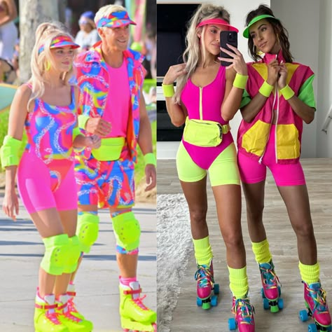 Batbie and ken skating scene Halloween costume 2023 Barbie Dance Outfit, Sport Costume For Women, Roller Skate Barbie Costume, 70s Workout Costume, Halloween Sports Costumes, 80 Style Outfits Party, 80s Fashion Workout, 80s Exercise Outfit, Fitness Barbie Costume