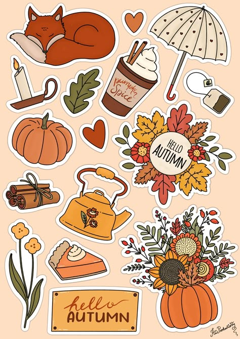 Autumn Doodles, Collage Pieces, Scrapbook Stickers Printable, Autumn Stickers, Digital Stickers, Bullet Journal Ideas Pages, Diy Stickers, Aesthetic Stickers, Journal Stickers