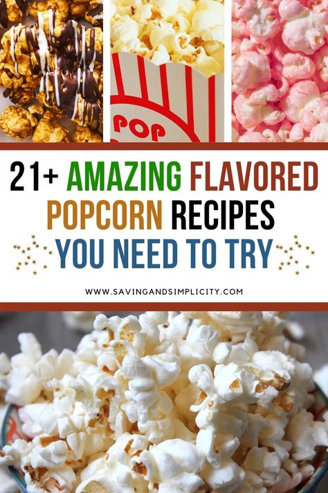 21 Amazing flavored popcorn recipes you need to try for movie night or a great popcorn snack.  Including a caramel popcorn recipe, cheddar cheese popcorn, buttery movie popcorn and more. Save yourself some cash and plan a movie night with great snacks and treats. Healthy snacks. Popcorn Flavoring Recipes, Hulless Popcorn Recipes, Things To Put On Popcorn, Popcorn Salt Recipe Homemade, What To Put On Popcorn, Popcorn Seasoning Recipes Diy, Popcorn Snack Ideas, Movie Night Snacks Healthy, Diy Popcorn Seasoning