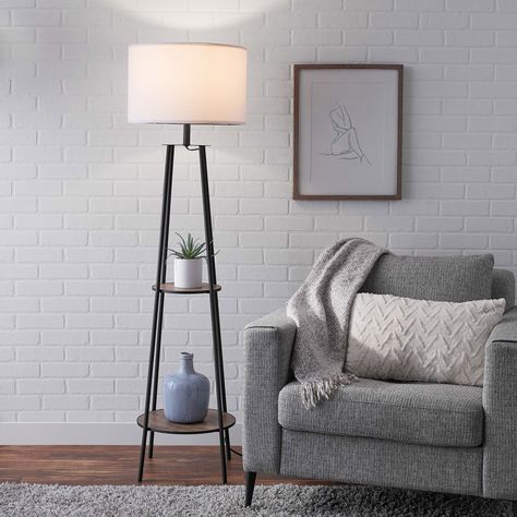 Not available Buy Mainstays Etagere Matte Black Floor Lamp, with 2 Wood Shelves, Black Color at Walmart.com Mid Century Floor Lamps, Floor Lamp With Shelves, Floor Lamps Living Room, White Lamp Shade, Floor Standing Lamps, Black Floor, Black Floor Lamp, Room Lamp, Tripod Floor Lamps