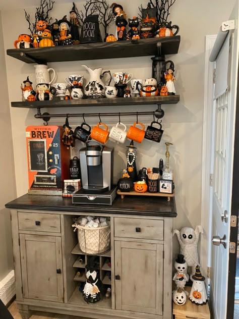 Halloween Coffee Bar Decor, Halloween Coffee Bar Ideas, Coffee Table Halloween Decor Ideas, Goth Coffee Bar, Halloween Decorations Kitchen, Fall Coffee Bar Ideas, Fall Coffee Bar Decor, Rae Dunn Halloween Display, Spooky Coffee Bar