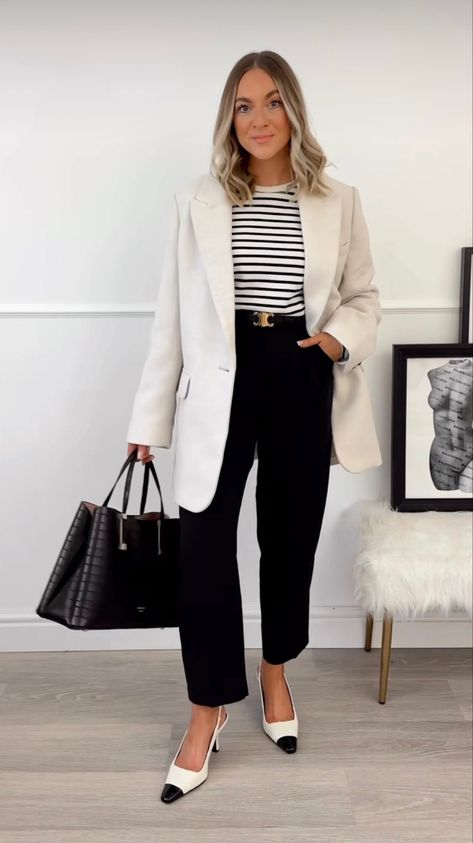 Black Tailored Trousers Outfit, Tailored Trousers Outfit, Beige Blazer Outfit, Black Tailored Trousers, Oversized Blazer Outfit, French Style Clothing, Trousers Outfit, Spring Work Outfits, Business Outfits Women