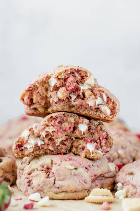 Levain Strawberry Cookies, Complicated Cookie Recipes, 7 Up Cookies, Flavored Baking Chips, Strawberry Macadamia Cookies, Levain Cookie Flavors, Gourmet Drop Cookies, Popular Cookie Flavors, Levian Style Cookies