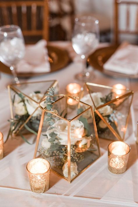 Gold Geometric Terrarium Wedding Centerpiece with garden floral and mercury glass votive holders // classic, boho, rustic Gold Terrarium, Candles And Flowers, Terrarium Wedding, Rustic Wedding Decorations, Decor Ikea, Unique Wedding Flowers, Copper Wedding, Geometric Terrarium, Romantic Candles