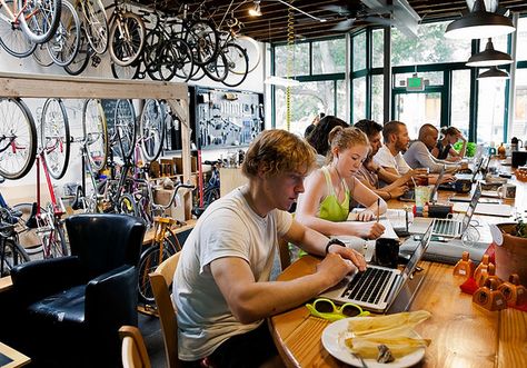 Bike shops: The new Starbucks?  Inspiration linked to THE NEW SPACES http://consciousandcurious.com/trend-pop-up-living/ Bicycle Cafe, Bicycle Room, Cafe Display, Bike Shops, Coffee Bike, Retail Space Design, Bicycle Store, Female Cyclist, Bicycle Storage