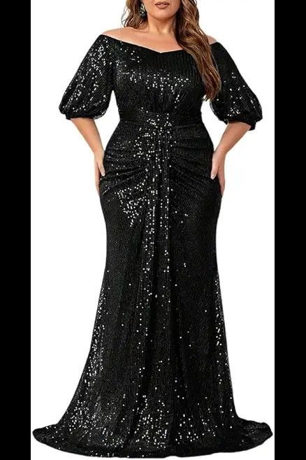 Gowns For Plus Size Women, Evening Gowns Gold, Plus Size Gowns Formal, Off Shoulder Puff Sleeve, Plus Size Evening Gown, Spaghetti Strap Wedding Dress, Plus Size Gowns, Sequin Formal Dress, Coat Women Fashion