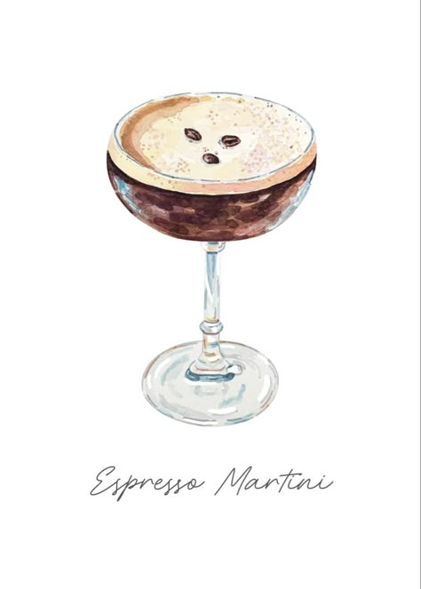 Espresso martini art print for coffee and cocktail lovers. -Originally painted in watercolor - Print measures 5” x 7” - Frame not included - Please note that colors may vary due to different screen settings #cocktail #espressomartini #artprint #watercolor #watercolorartprint Watercolour Espresso Martini, Espresso Drawing Art, Watercolor Drinks Cocktails, Espresso Martini Watercolor, Espresso Martini Art Print, Watercolor Cocktail Art, Drink Art Drawing, Espresso Martini Illustration, Espresso Martini Drawing