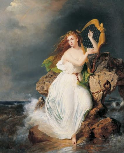 The Harp of Erin (1867) - by Thomas Buchanan. Allegory: Beautiful, brave Ireland w shamrocks in her hair, unbowed by her perilous position, is chained to the unyielding rock of England. Ancient Ireland, Irish Mythology, Cincinnati Art, The Harp, Irish Art, Pre Raphaelite, Classical Art, Old Art, Harp