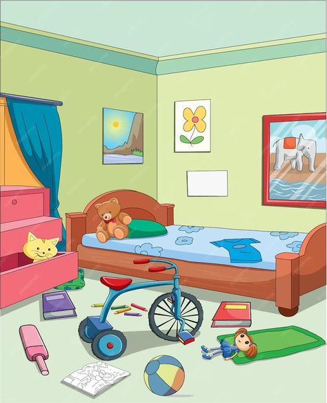 Celpip Speaking, Messy Kids Room, Preposition Pictures, Language Activities Preschool, Bedroom Cartoon, Messy Bedroom, Teach English To Kids, Badminton Sport, English Learning Books