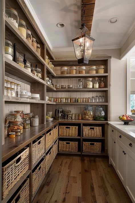 Organize in Style: Farmhouse Kitchen Pantry Ideas - Quiet Minimal Butlers Pantry Wood Cabinets, Green Walk In Pantry, Pantry With Open Shelves, Kitchen Design Pantry Ideas, Coffee And Wine Bar Ideas Butler Pantry, Walk Behind Kitchen Pantry, Kitchen Pantry With Sliding Doors, Cabinets For Pantry Food Storage, Walkin Pantry Designs