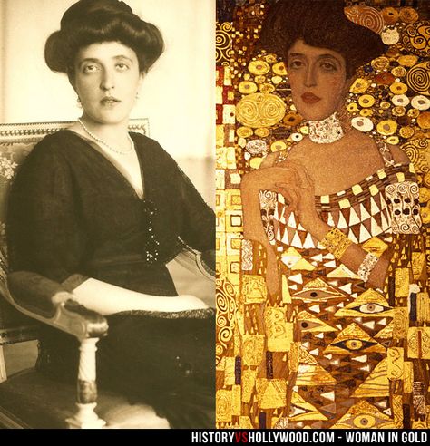 Adele Bloch-Bauer and Gustav Klimt's "Portrait of Adele Bloch-Bauer I". See 'Woman in Gold: History vs. Hollywood' - http://www.historyvshollywood.com/reelfaces/woman-in-gold/ Adele Klimt, Woman In Gold Movie, Woman In Gold Painting, Portrait Of Adele Bloch Bauer, Secession Art, Gold Movie, Adele Bloch Bauer, Gustav Klimt Adele Bloch Bauer, The Three Ages Of Woman Gustav Klimt