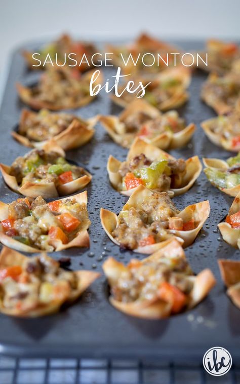 Sausage Cheese Wonton Bites, Wonton Cups Appetizers Sausage, Sausage And Cheese Wonton Bites, Wonton Wrapper Recipes Sausage, Wonton Sausage Cups, Sausage Ranch Wonton Cups, Sausage Wontons Cups, Wonton Wrapper Recipes Breakfast, Sausage Wonton Appetizers