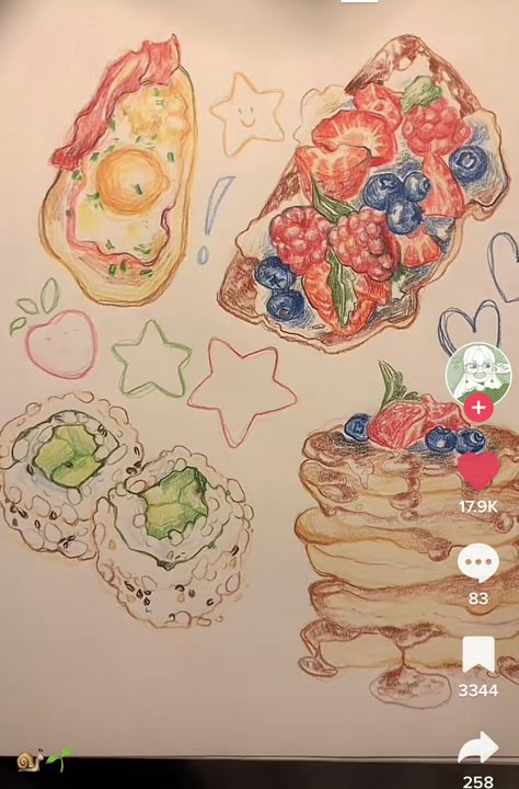 Doodle Art Food, Food Doodle Art, Anime Food Painting, Studio Ghibli Food Painting, Food Drawing Sketches, Fruit Sketchbook Page, Cute Japanese Food Drawing, Anime Food Watercolor, Food Sketches