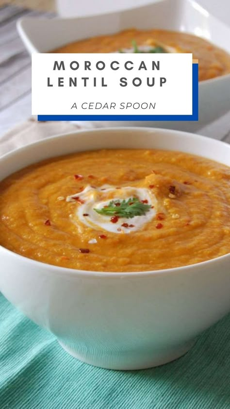 Moroccan Carrot Red Lentil Soup, Moroccan Tomato Soup, A Cedar Spoon, Meatless Soup Recipes, Lentil Soup Crockpot, Mediterranean Lentil Soup, Meatless Soup, Carrot Lentil Soup, Lentil Soups