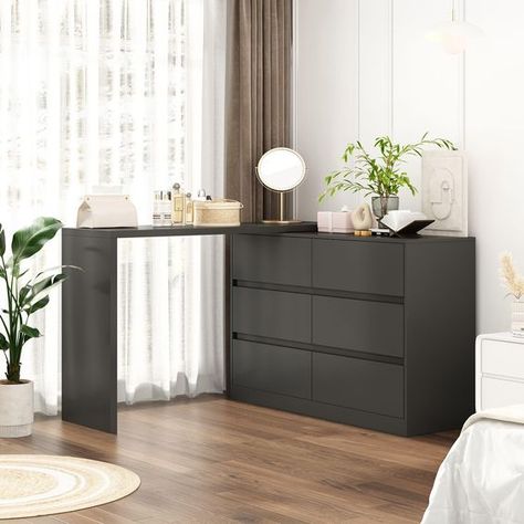 PRICES MAY VARY. L-shape Design - This dressing table features L-shaped design, maximizing storage while optimizing space in your bedroom or dressing room. The desktop can align with drawer top to function as a 6 drawer dresser. It can also extend to a maximum length of 98.4 inches (51.2" + 47.2"). Clean lines and space-saving design highlight modern appeal, which is suitable for most home decors. Plenty of Storage - The spacious desktop provides ample space for makeup and storing often-used ite Vanity Dresser Ideas, L Shaped Dressing Table, Vanity And Work Desk Combo, Desk And Dresser Combo, Desk Vanity Combo, Dressing Room Black, Desk Dresser Combo, Desk And Dresser, L Shaped Vanity