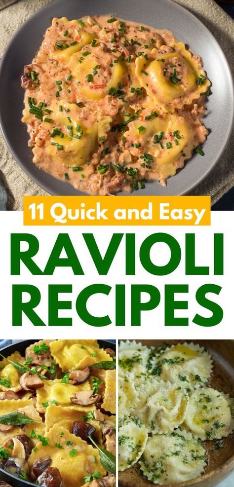 A vibrant collection of ravioli dishes showcasing creamy tomato-based sauces, savory mushroom toppings, and classic butter herb finishes. These quick and easy ravioli recipes feature rich, comforting flavors perfect for weeknight meals or special occasions. Ideal for pasta lovers looking for simple and delicious ravioli meal ideas with a gourmet touch. Meat Sauce For Ravioli, Cheese Ravioli Meal Ideas, Stuffed Pasta Recipes Ravioli, Types Of Ravioli, Authentic Italian Ravioli, Easy Dinner Recipes Ravioli, Trader Joes Ravioli Recipe, Ravioli Dinner Recipes, Recipes With Ravioli Easy Dinners