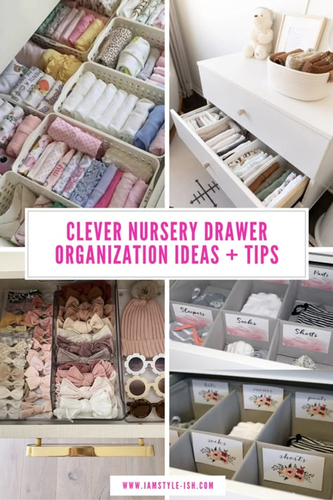 Nursery Drawer Organization Labels, Ikea Drawer Organizer Nursery, Nursery Storage And Organization, Nursery Organizer Ideas, Best Nursery Organization, Nursery Decor Over Dresser, Drawer Organizers For Baby Clothes, Drawer Organizers Nursery, How To Organize Nursery Closet