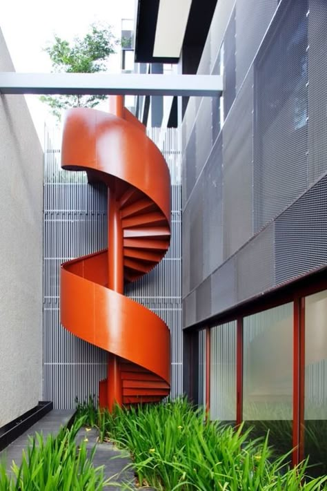 NOMU - WOHA Architectural Stairs, Woha Architects, Spiral Staircase Outdoor, Residence Exterior, Stair Design Architecture, Japandi House, Round Stairs, Spiral Stairs Design, Stair Elevator