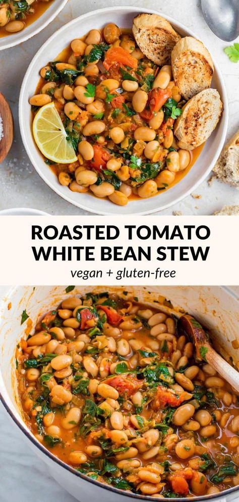 This Roasted Tomato White Bean Stew is spicy, hearty, and comforting! It's made with healthy pantry ingredients and is great for meal prep and freezing! This recipe is high in protein, vegan and gluten-free. Roasted Tomatoes And White Bean Stew, Tomato And White Bean Stew, White Bean Stew Vegetarian, Hearty Vegetarian Stew, Vegan Soups And Stews Healthy, Vegan Bean Stew Recipes, High Protein Vegetarian Stew, Healthy Meals With Beans, Roasted Tomato And White Bean Stew