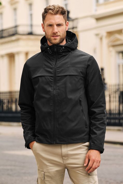 Stand up to the colder weather in style with our hooded shower resistant jacket. A practical addition to your wardrobe, it features a cosy fleece lined hood for added warmth, a front zip fastening, side zipped pockets, adjustable cuffs and a shower resistant finish. This is sure to be the jacket you'll reach for time and time again. Machine washable. Main 100% Recycled polyester. Lining 100% Recycled polyester. Men Raincoat, Fleece Jacket Men, Black Hooded Jacket, Hooded Jacket Men, Shark Tooth, Men's Coats & Jackets, Quilted Coat, Waterproof Jacket, Black Jacket