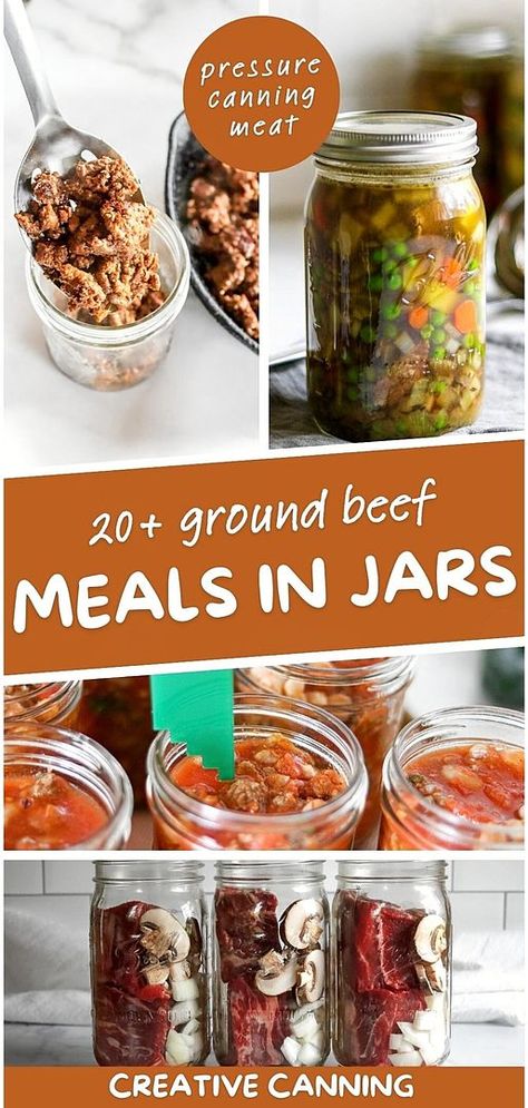 20+ Ground Beef Meals in Jars offers a variety of pressure canning meat recipes, perfect for transforming ground beef into shelf-stable, delightful meals like sloppy joes and taco soup. These recipes are a must-try for practical and delicious food storage solutions. Find more pressure canning soup recipes, tips for beginners, and canning food preservation ideas at creativecanning.com. Canning Ground Turkey, Canning Jar Meal Prep, Canning Meats In A Jar, Canned Stew Meat Recipes, Canned Ground Beef, Home Canned Meals In A Jar, Home Canned Meals, Pressure Canning Recipes Meals Dinners, Canning Meatballs Pressure