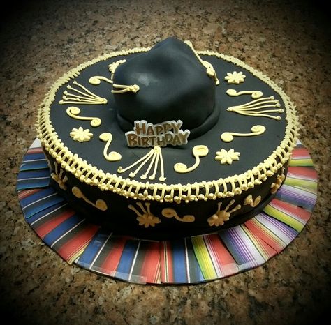 Mariachi hat cake Mariachi Party Theme, Charro Cakes, Mariachi Cake, Charro Cake, Charro Party Ideas, Charro Party, Mariachi Hat, Mexican Wedding Cake, Mexican Cake