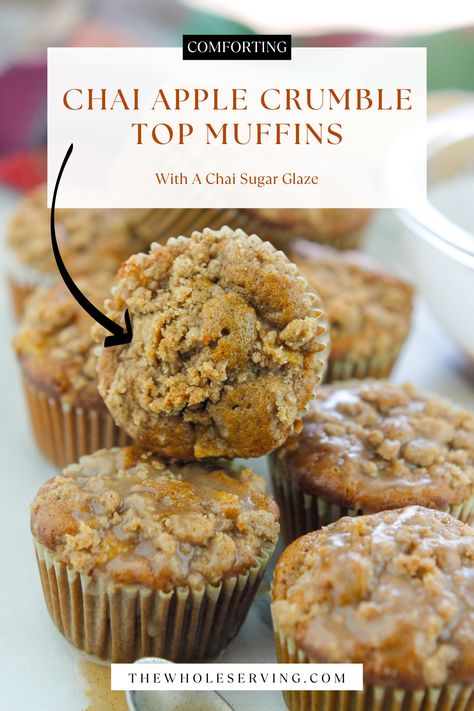 These Chai Apple Crumble Top Muffins are soft and moist with a hint of spice, bursts of tender apple, and a buttery, golden crumble that’s simply irresistible. They are perfect for cozy mornings or an afternoon treat, and they'll quickly become a fall favorite in your kitchen. Chai Muffins, Apple Crumble Topping, Apple Chai, Blueberry Crumb Cake, Chai Spices, One Pot Vegetarian, Spicy Drinks, Cream Cheese Topping, Apple Muffins