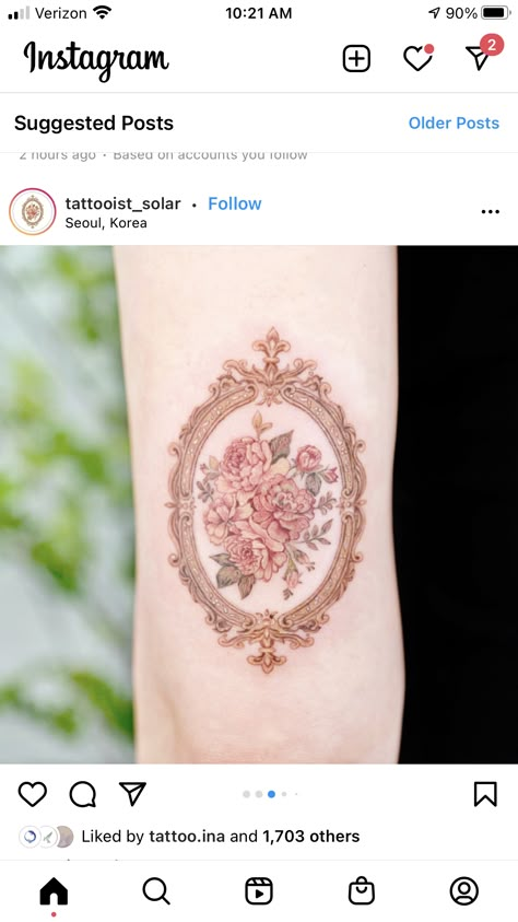 Gold Frame Tattoo, Flowers In A Frame Tattoo, Framed Floral Tattoo, Flower In Frame Tattoo, Vintage Frame Tattoo Design, Victorian Picture Frame Tattoo, Picture Frame Tattoo, Framed Rose Tattoo, Vintage Frame Tattoo