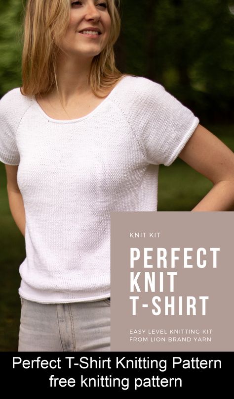 Originally Lovely is a place to build your own slow fashion, Me-Made Wardrobe! Check out the free Perfect T-Shirt Knitting Pattern! #knittingpatternsfree Short Sweaters For Women, Lacy Knit Sweater Patterns, Free Knit Tee Pattern, Free Knitting Patterns For Women Sweater Cotton, Easy Knit Shirt Pattern Free, Tshirt Yarn Knitting Patterns, Knitted Tee Shirt Patterns Free, Free Top Knitting Pattern, Knitted T Shirts For Women