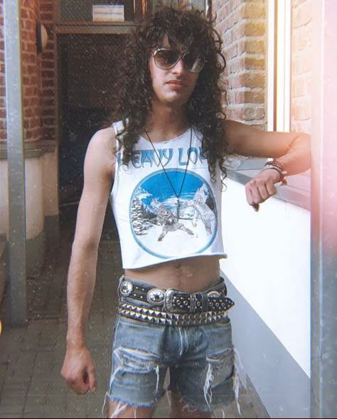 70s Mens Crop Top, 80s Crop Top Men, Guys In Crop Tops 80s, Men In Crop Tops 80s, Men Crop Top Outfit, Croptop Outfits, Boy Crop Top, Glam Rock Hair, 70s Crop Top