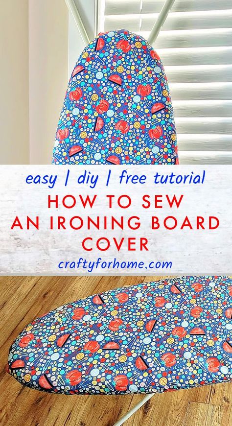 Blue with sewing essential items print fabric for ironing board cover. Small Ironing Board Cover Pattern, Diy Ironing Board Cover, Diy Ironing Board Covers, Sewing Machine Cover Diy, Diy Ironing Board, Sewing Machine Cover Pattern, Mat Ideas, Quick Sew, Ironing Board Cover