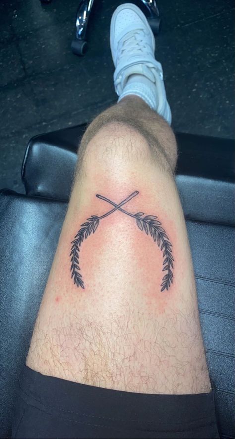 Greek Branch Tattoo, Thigh Tattoos For Men Design, Men Olive Branch Tattoo, Men’s Olive Branch Tattoo, Olive Branch Tattoo Mens Knee, $200 Tattoo Ideas For Men, Olive Branch Elbow Tattoo, Mens Tattoos Thigh, Mens Olive Branch Tattoo