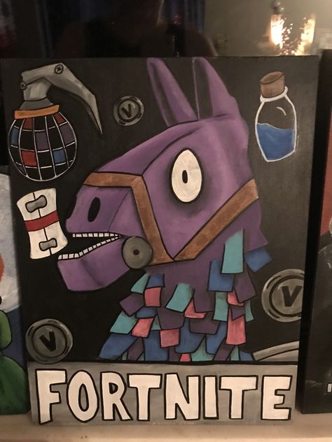 Fortnight painting www.facebook.com/moontidesart Gaming Canvas Art, Fortnight Painting, Fortnite Painting Canvas Easy, Fortnite Painting Canvas, Fortnite Painting Ideas, Game Painting Ideas, Gaming Painting Ideas, Fortnight Drawings, Boy Painting Ideas