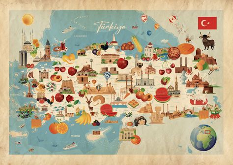 Turkey Culture, Turkey Map, Turkey Cartoon, Turkey Drawing, Maps Aesthetic, Cartoon Map, Map Poster, Labour Day, Istanbul