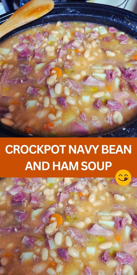 Warm up your winter with this comforting and hearty Crockpot Navy Bean and Ham Soup recipe! Made with simple ingredients like dried beans, savory ham, and aromatic vegetables, this slow cooker soup is perfect for cozy family dinners or meal prep. Just set it and forget it as your crockpot works its magic, filling your home with delicious aromas. Serve with crusty bread for a satisfying meal that's sure to please everyone at the table. Slow Cooker Ham And Bean Soup, Crockpot Beans And Ham, Navy Bean And Ham Soup, Crockpot Beans, Navy Beans And Ham, Navy Bean Recipes, Bean And Ham Soup, Ham Hocks And Beans, Ham Soup Recipes