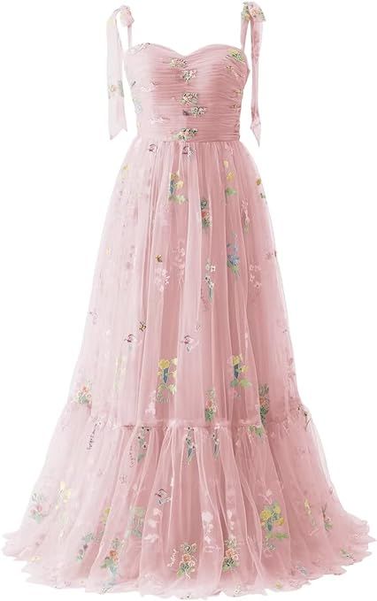 Tea Length Prom Dress, Flower Prom Dress, Tulle Prom Dresses, Embroidery Tulle, Floor Length Prom Dresses, Sweetheart Prom Dress, Elegant Prom Dresses, Elegant Embroidery, Evening Party Gowns