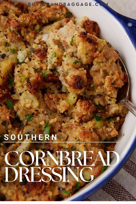 This Cornbread Dressing recipe is an old Southern classic made with store-bought cornbread, herbs, veggies, and a whole lot of butter. It's a mix of sweet and savory, making it the perfect side dish for your next holiday gathering. With a quick 20 minutes of prep time, you can make this easy cornbread dressing for Thanksgiving but also for any night of the year. Cornbread And Sausage Dressing, Southern Dressing Recipe, Sage Cornbread, Cornbread And Sausage, Easy Cornbread Dressing, Sausage Dressing, Southern Dressing, Southern Thanksgiving Recipes, Southern Cornbread Dressing