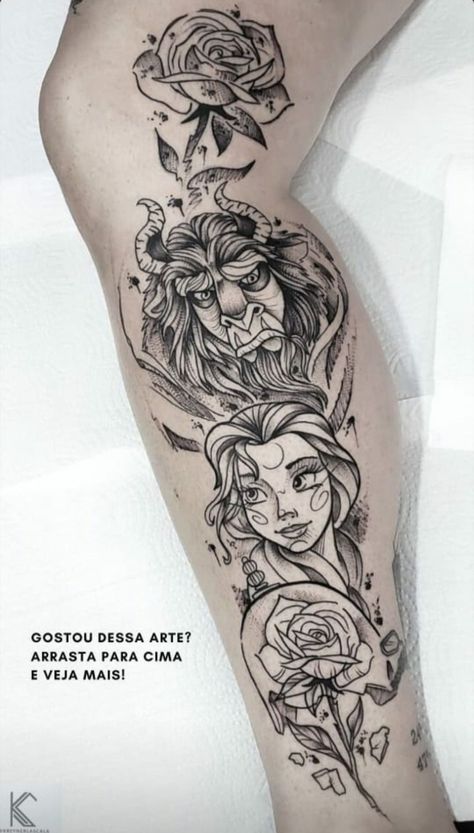 Disney Arm Tattoo Sleeve, Beauty And The Beast Tattoo Leg, Disney Sleeves For Women Tattoo, Disney Thigh Tattoos Women, Disney Sleeve Tattoo For Women, Disney Princess Tattoo Sleeve, Belle Tattoo Disney, Disney Leg Tattoo, Disney Leg Sleeve Tattoo