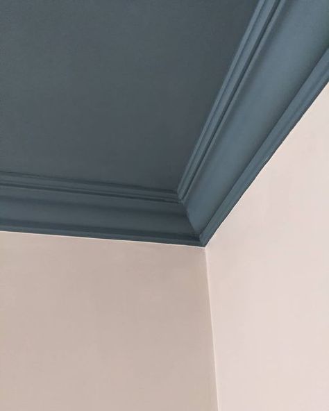 Dark Paint On Ceiling, Ceiling Accent Color, Colour Blocking Ceiling, Navy Bedroom Ceiling, Coloured Ceilings Living Room, Half Painted Wall High Ceiling, Color Block Ceiling, Blue Living Room Ceiling, Ceiling Blue Paint