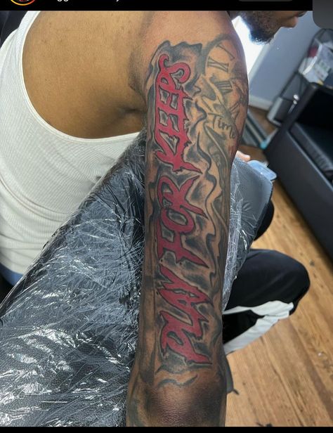 Men’s Tattoos Arm Sleeves, Long Live Neck Tattoo, Red Ink Tattoos Men Black, Flag Tattoos For Men Shoulder, Rear Forearm Tattoo Men, Tattoo Ideas For 16 Yo, Tattoos With Red Ink Men, Fear God Tattoo Men Bicep, Arm Shoulder Tattoo Men