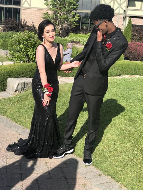 Prom Couples Black Outfits, Black Prom Fits Couples, Black Suit Black Dress Couple, Prom Guys Outfits Black, All Black Prom Dress Couple, Black Out Prom Couple, Red And Black Prom Couples Outfit, Black And Red Couples Outfits, Black Theme Prom Couples